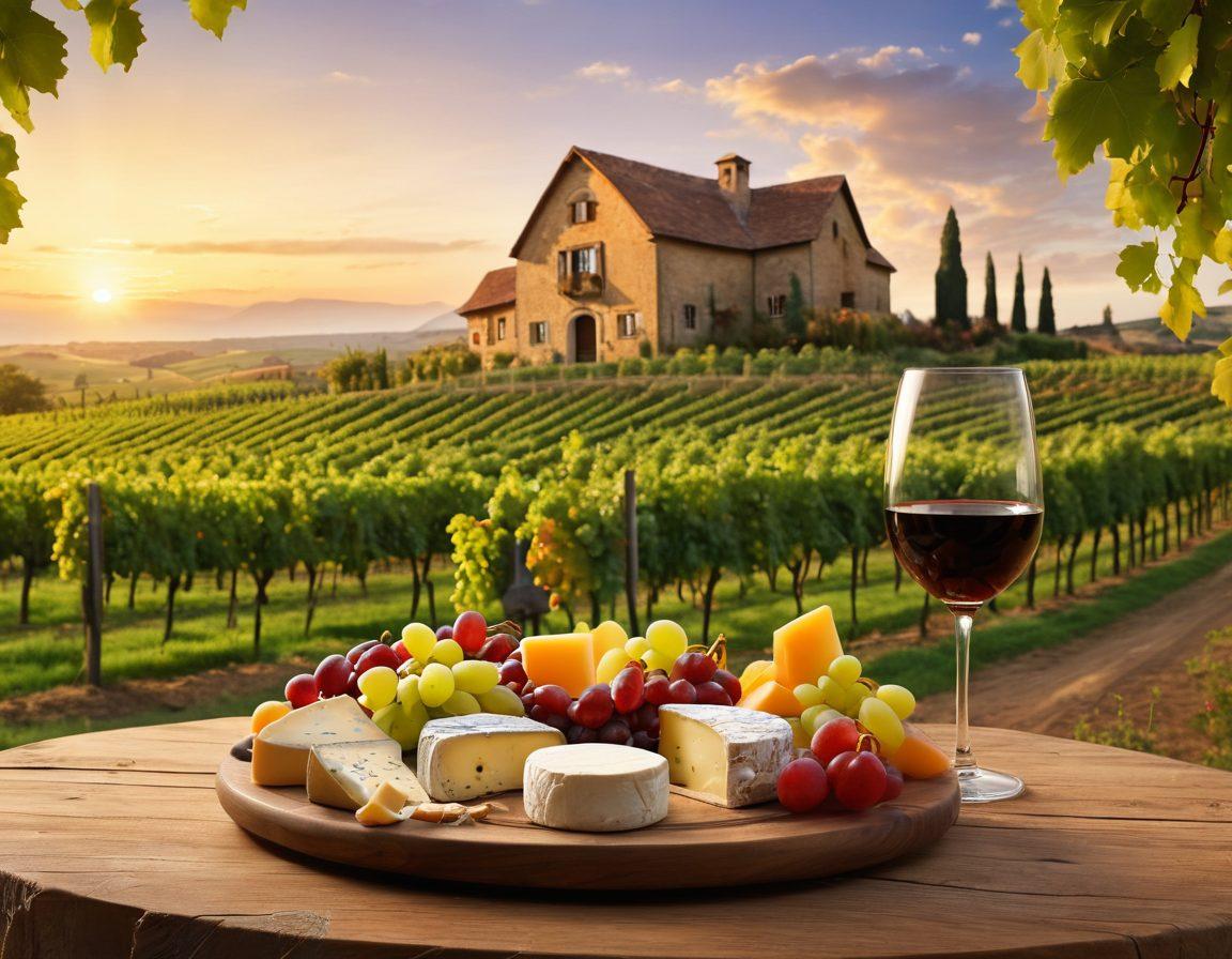 An elegant vineyard landscape at sunset, with rolling hills and grapevines stretching into the distance. In the foreground, a wine glass filled with deep red wine, alongside a wooden cheese platter showcasing various cheeses and fruits. The image captures the essence of winemaking, with a rustic winery building visible in the background. Soft golden light enhances the richness of the scene. super-realistic. vibrant colors. 3D.