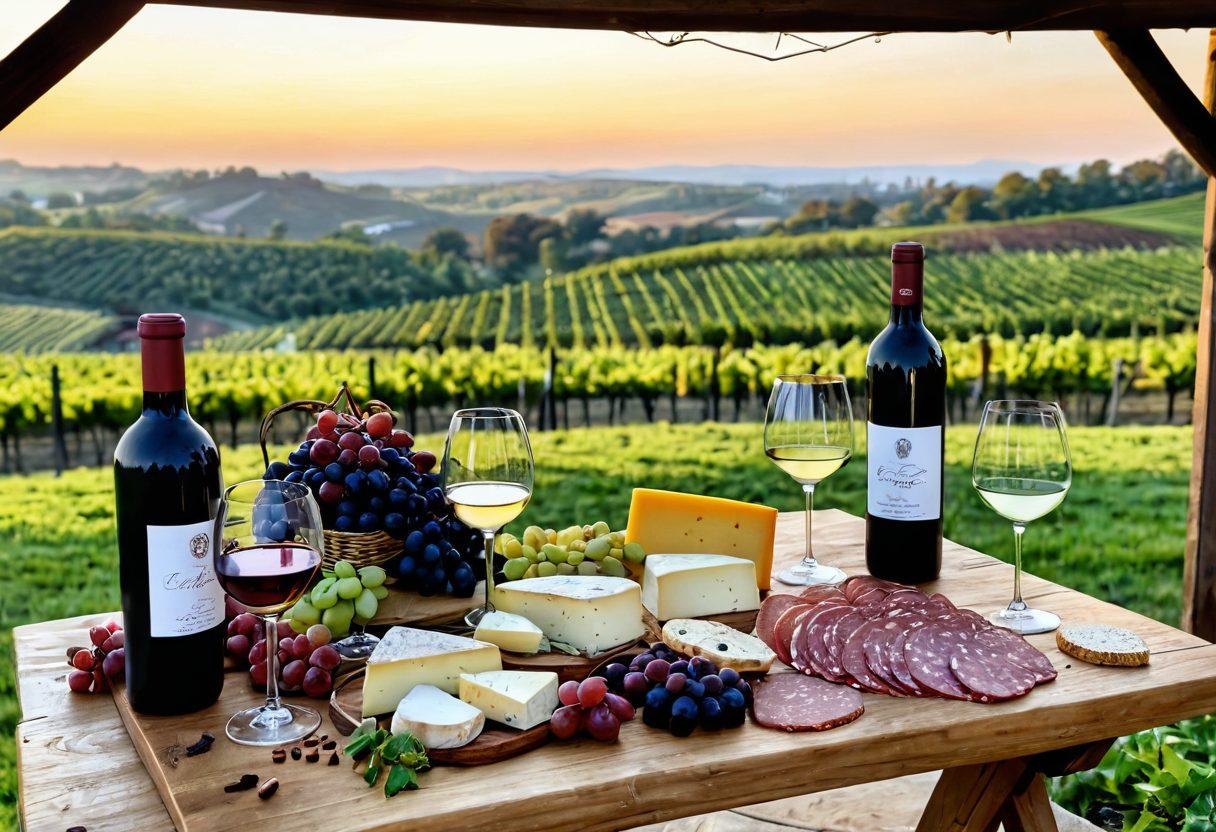 A beautifully arranged wine tasting setup featuring a variety of wine bottles, elegant glasses, and colorful cheese and charcuterie boards. The background shows a vineyard under a sunset, with grapes hanging on trellises. Include annotations highlighting tasting notes and suggested food pairings. Soft, warm lighting to evoke a cozy atmosphere. super-realistic. vibrant colors. 3D.