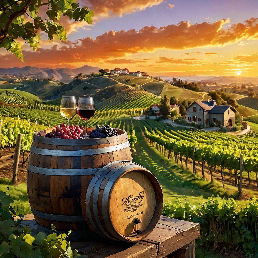 A picturesque landscape showcasing lush vineyards rolling over hills, with a vintage wooden wine barrel in the foreground. Include a sunset sky casting warm hues over grapevines and a couple enjoying a wine tasting, adding elements of rich culture and tradition. Mention different wine styles through labels on the barrel. vibrant colors. super-realistic. painterly style.
